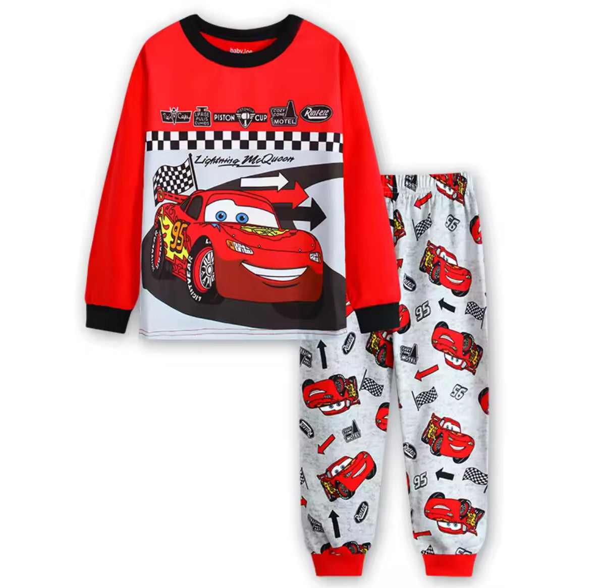 Children's pajama set with Lightning McQueen design on a white background