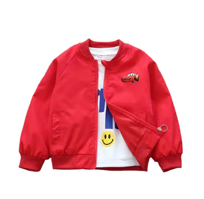 Red jacket with cartoon car design on a white background