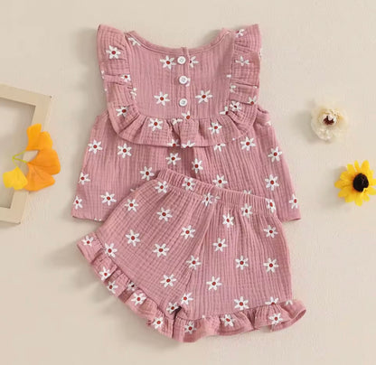 Baby Toddler Floral Muslin Sleeveless Top & Matching Shorts Set. 3 Colours 6M-4Y
