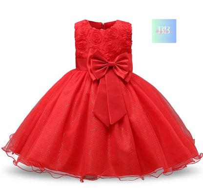 kids Lace Formal Dress with Flower Design, front Bow & Mesh Skirt. 5 colours, 4-10Y.