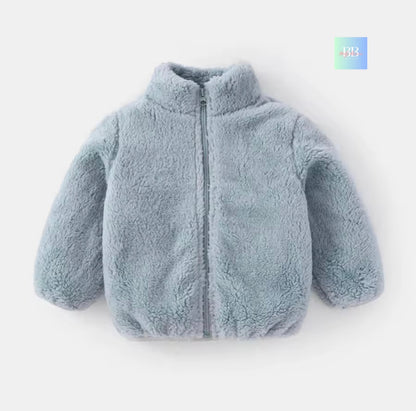 Children's light blue fleece jacket on a white background