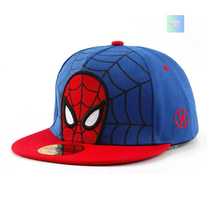 Blue and red cap with Spider-Man design on a white background