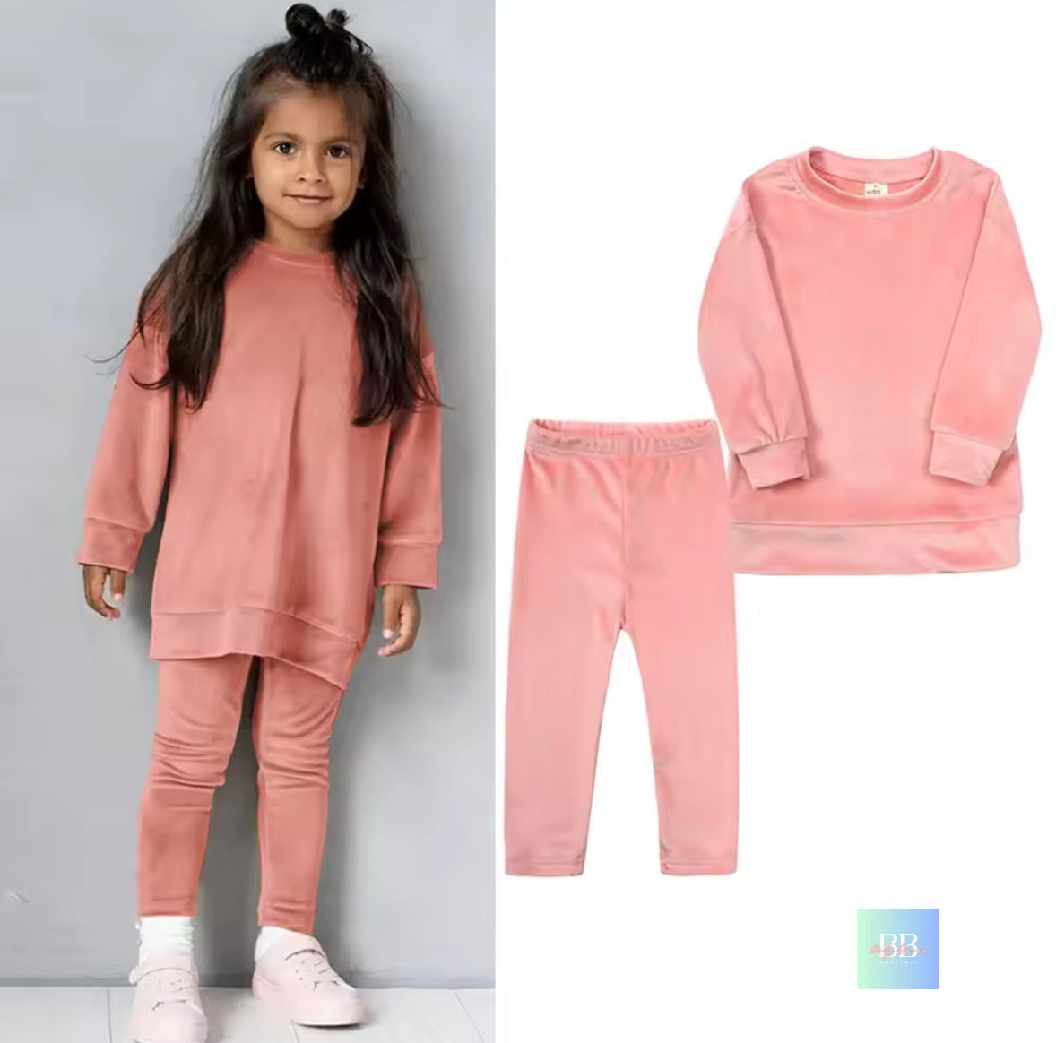 Child wearing a pink outfit with matching pants, split image on a gray background.