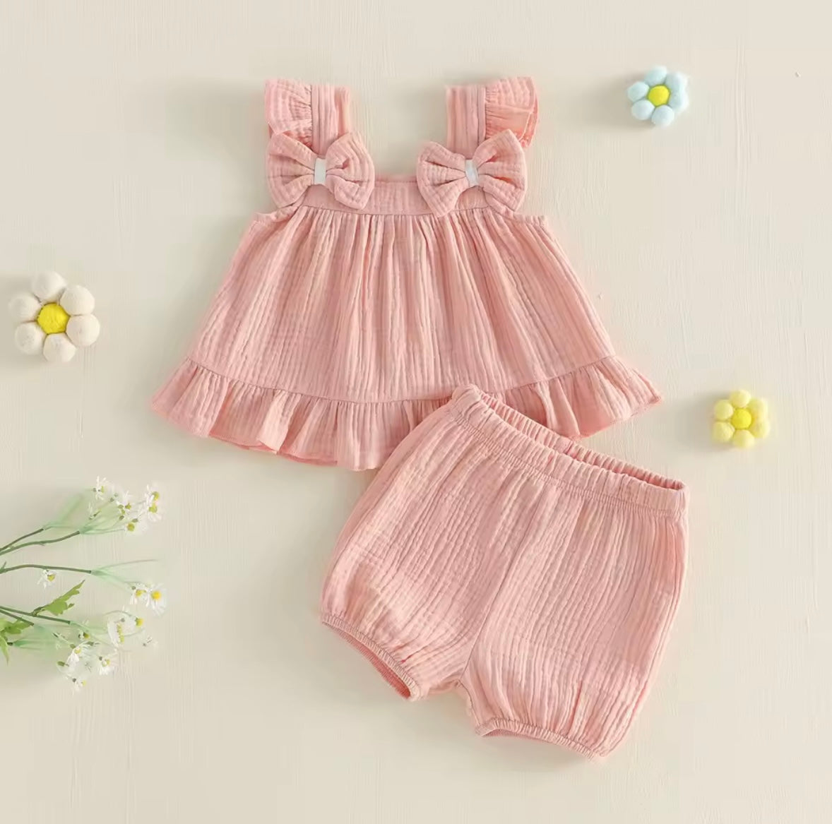 Kids Girls Muslin Ruffled Bowknot Vest Top & Shorts Set. 3 Colours 12M-4Y