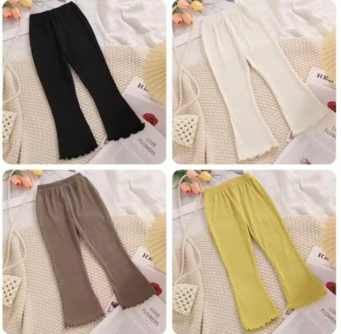 Kids Girls Casual Ribbed Loose Fit Flare Trousers. 5 Colours 12M-10Y
