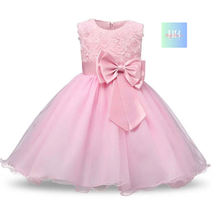 kids Lace Formal Dress with Flower Design, front Bow & Mesh Skirt. 5 colours, 4-10Y.