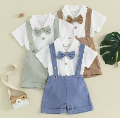 Baby Toddler Boys Romper Shirt with Bow Tie & Dungaree Shorts. 3 Colours 3-24M