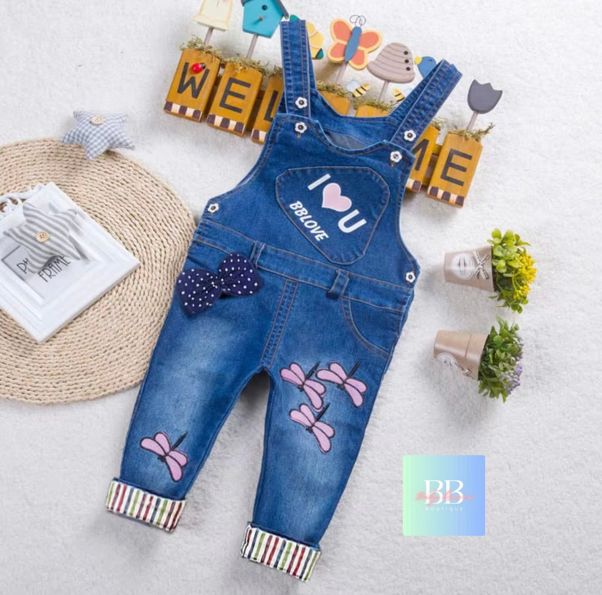 Baby/Toddler Denim Dungarees with Cute Designs. 5 variants, 9M-4Y