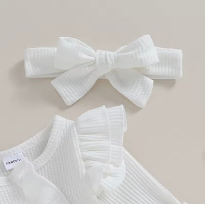 Baby Toddler Girls Ribbed Ruffle Romper & Headband Set. 3 Colours Newborn-12M