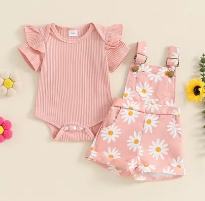 Baby Toddler Girls Ribbed Romper & Dungaree Shorts Set. 3 Colours 3M-18M