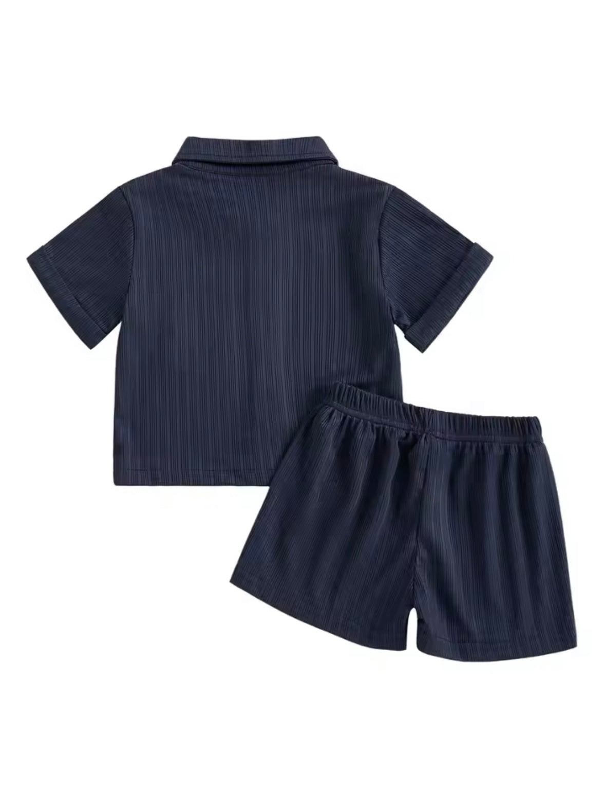 Navy pinstripe shirt and shorts set on a white background
