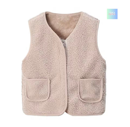 Beige fleece vest with two front pockets on a white background