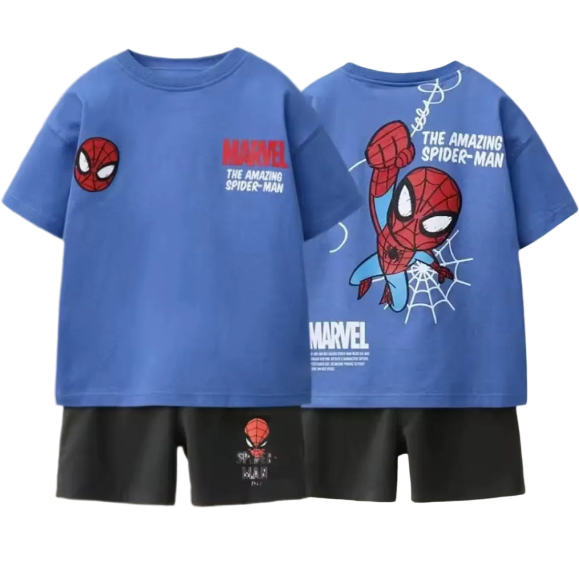 Blue t-shirt with Spider-Man design and Marvel branding on a beige background