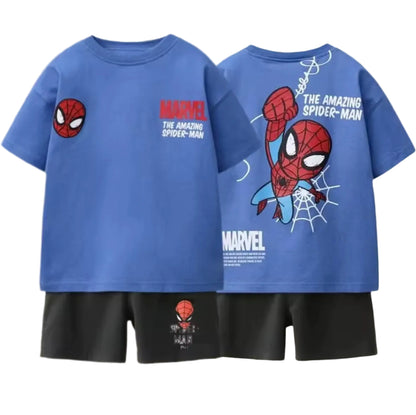 Blue t-shirt with Spider-Man design and Marvel branding on a beige background