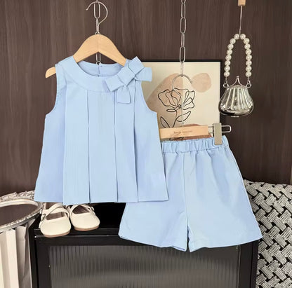 Kids Girls Lightweight Pleated Vest Top & Shorts Set. 5 Colours 3-7Y