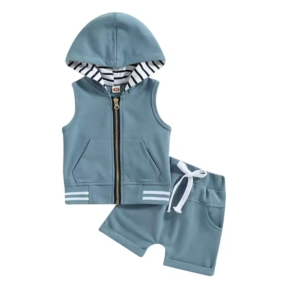 Kids Boys Lightweight Sleeveless Hooded Zipper & Shorts Set. 4 Colours 3M-3Y
