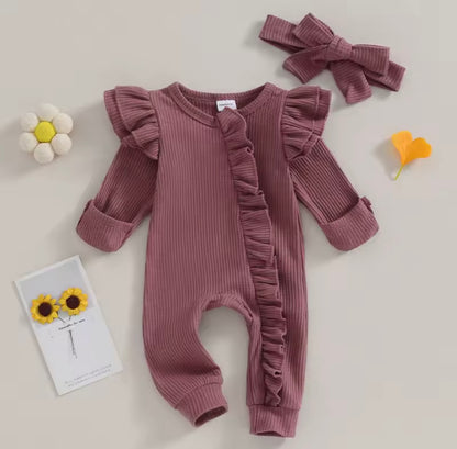 Baby Toddler Girls Ribbed Ruffle Romper & Headband Set. 3 Colours Newborn-12M