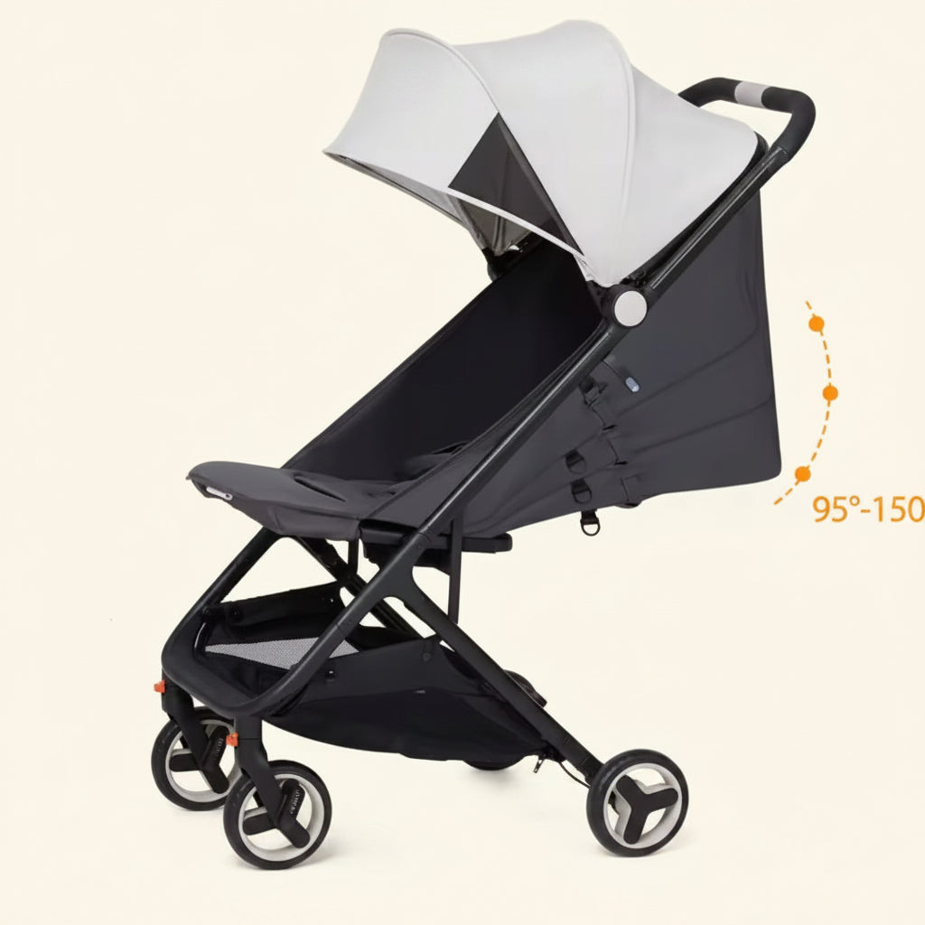 Black and gray stroller with adjustable canopy on a white background