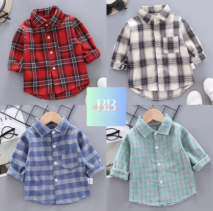 Kids Autumn/Winter Cotton Check Shirt, Long Sleeve. Boys/Girls, 12M-5Y, 5 Colours