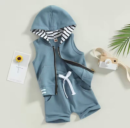 Kids Boys Lightweight Sleeveless Hooded Zipper & Shorts Set. 4 Colours 3M-3Y