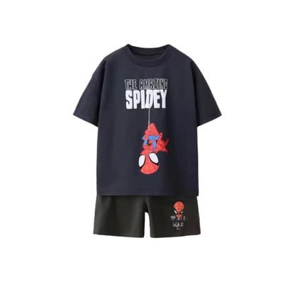 Black t-shirt with Spider-Man graphic and shorts on a white background