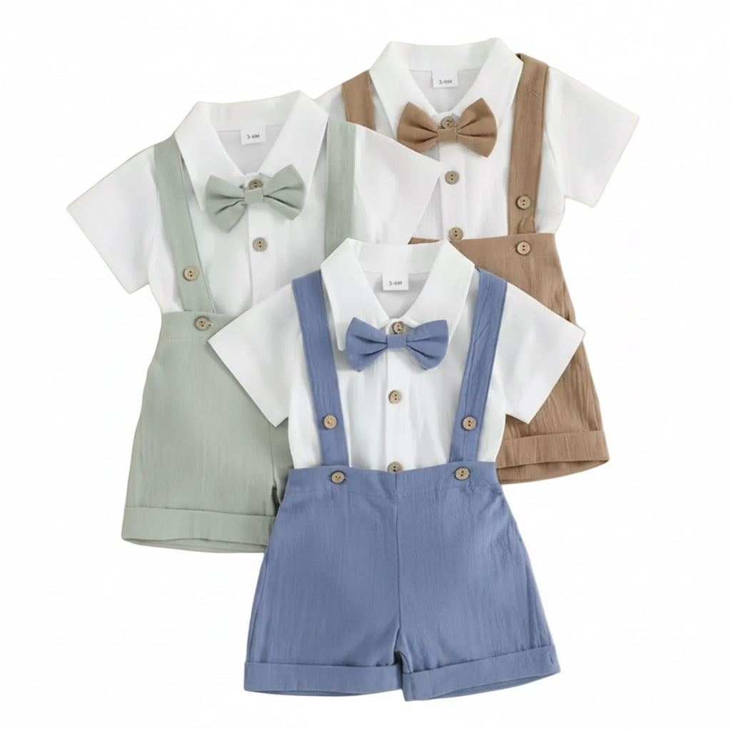 Baby Toddler Boys Romper Shirt with Bow Tie & Dungaree Shorts. 3 Colours 3-24M