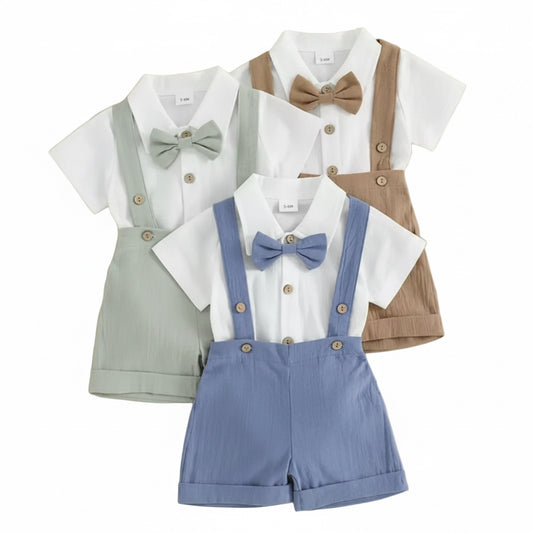 Baby Toddler Boys Romper Shirt with Bow Tie & Dungaree Shorts. 3 Colours 3-24M