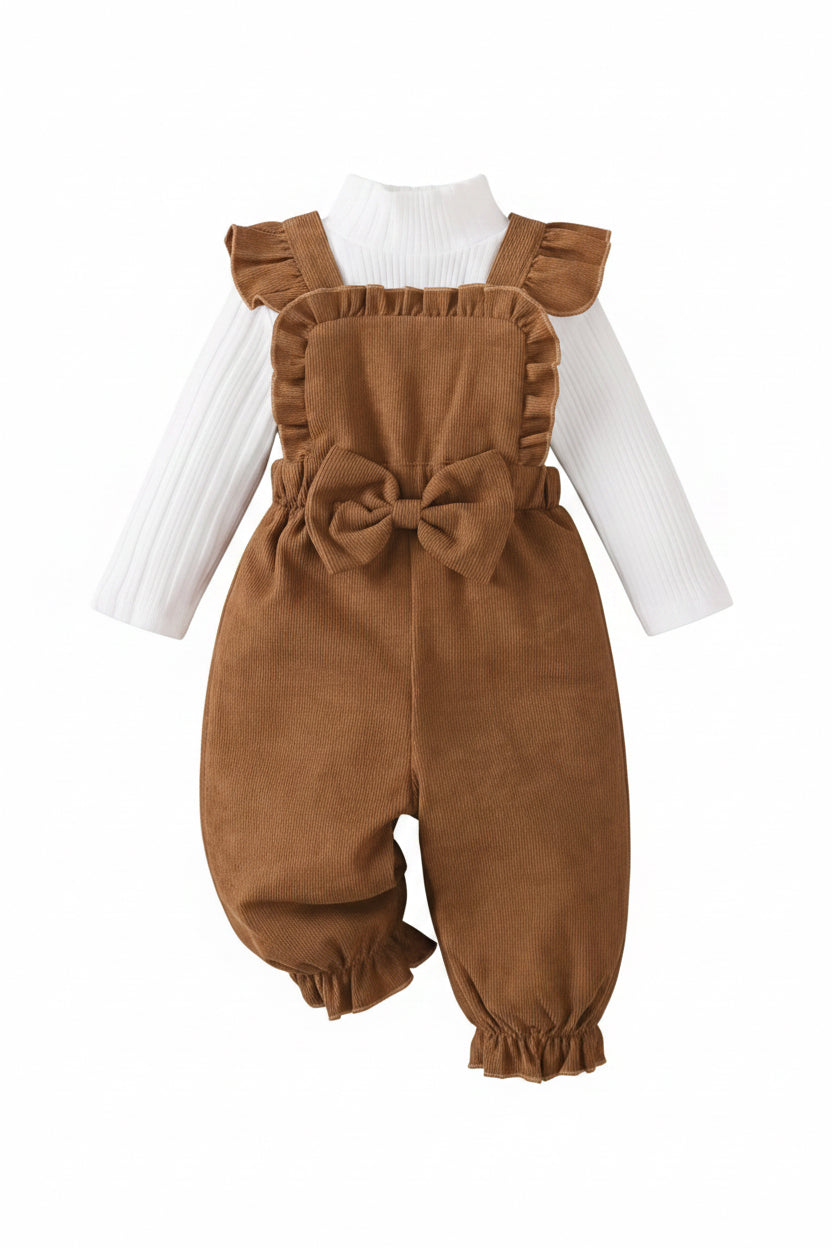 Baby Toddler Girls Ribbed Bowknot Dungarees & Ribbed Long Sleeve Top Set. 2 Colours 3-24M