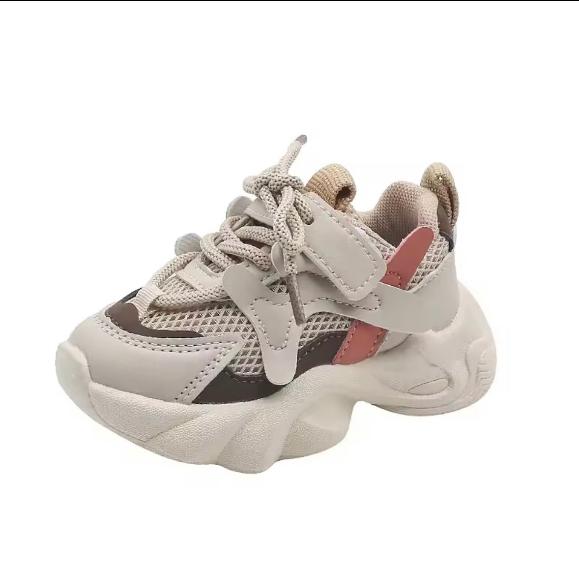 Children's sneaker with a white and gray design on a white background