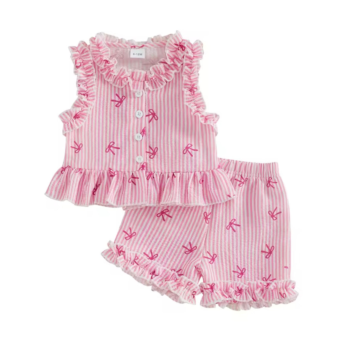 Kids Girls Lightweight Ruffle Pinstripe Vest Top & Shorts Set. 2 Colours 12M-4Y