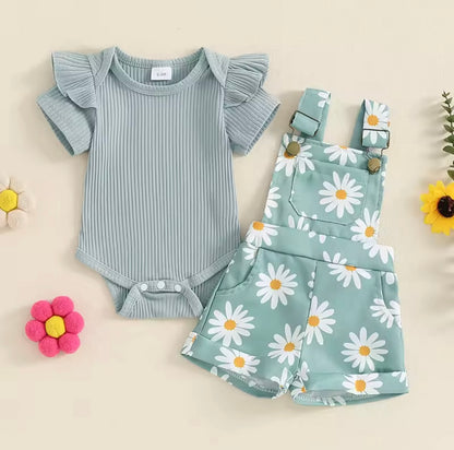 Baby Toddler Girls Ribbed Romper & Dungaree Shorts Set. 3 Colours 3M-18M