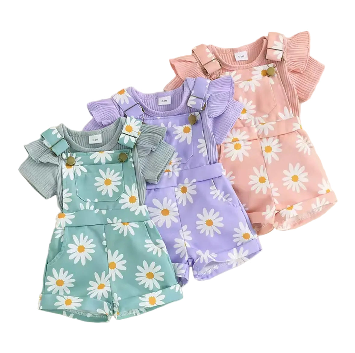 Baby Toddler Girls Ribbed Romper & Dungaree Shorts Set. 3 Colours 3M-18M