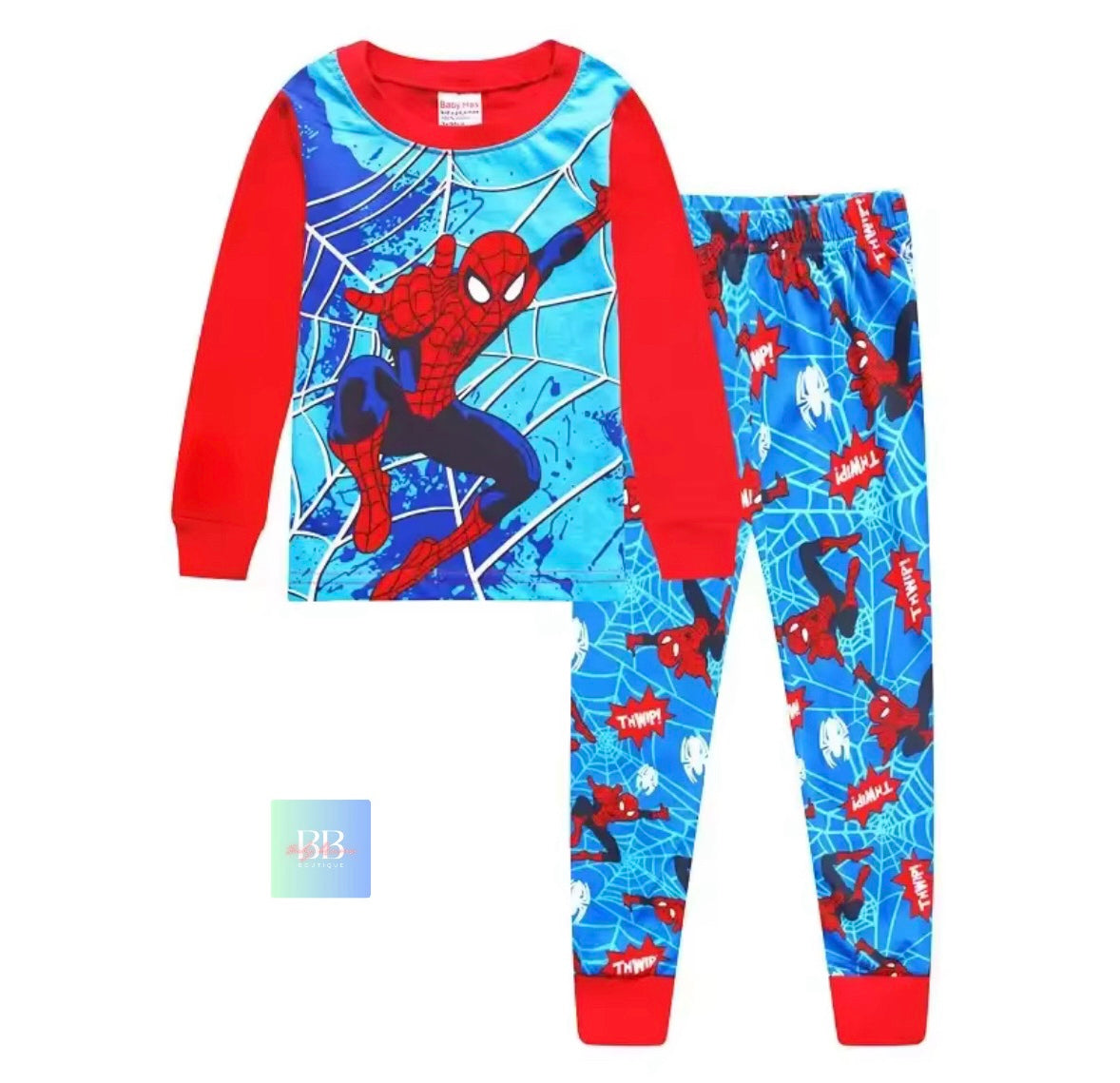 Spider-Man themed children's pajama set on a white background