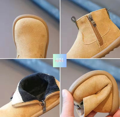 Collage of beige boots with a focus on details like sole, zipper, and interior.