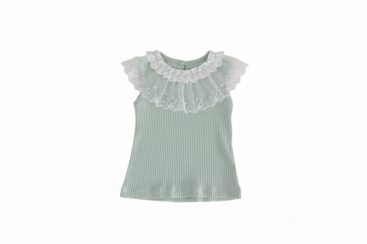 Light green striped top with lace collar on a white surface