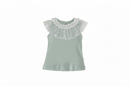 Light green striped top with lace collar on a white surface