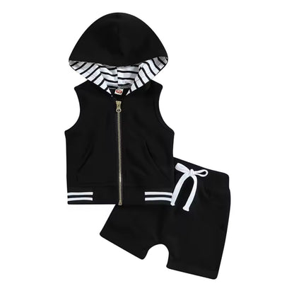 Kids Boys Lightweight Sleeveless Hooded Zipper & Shorts Set. 4 Colours 3M-3Y
