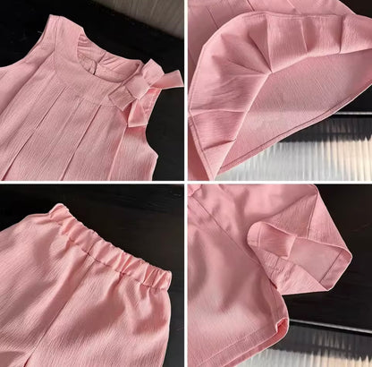 Kids Girls Lightweight Pleated Vest Top & Shorts Set. 5 Colours 3-7Y