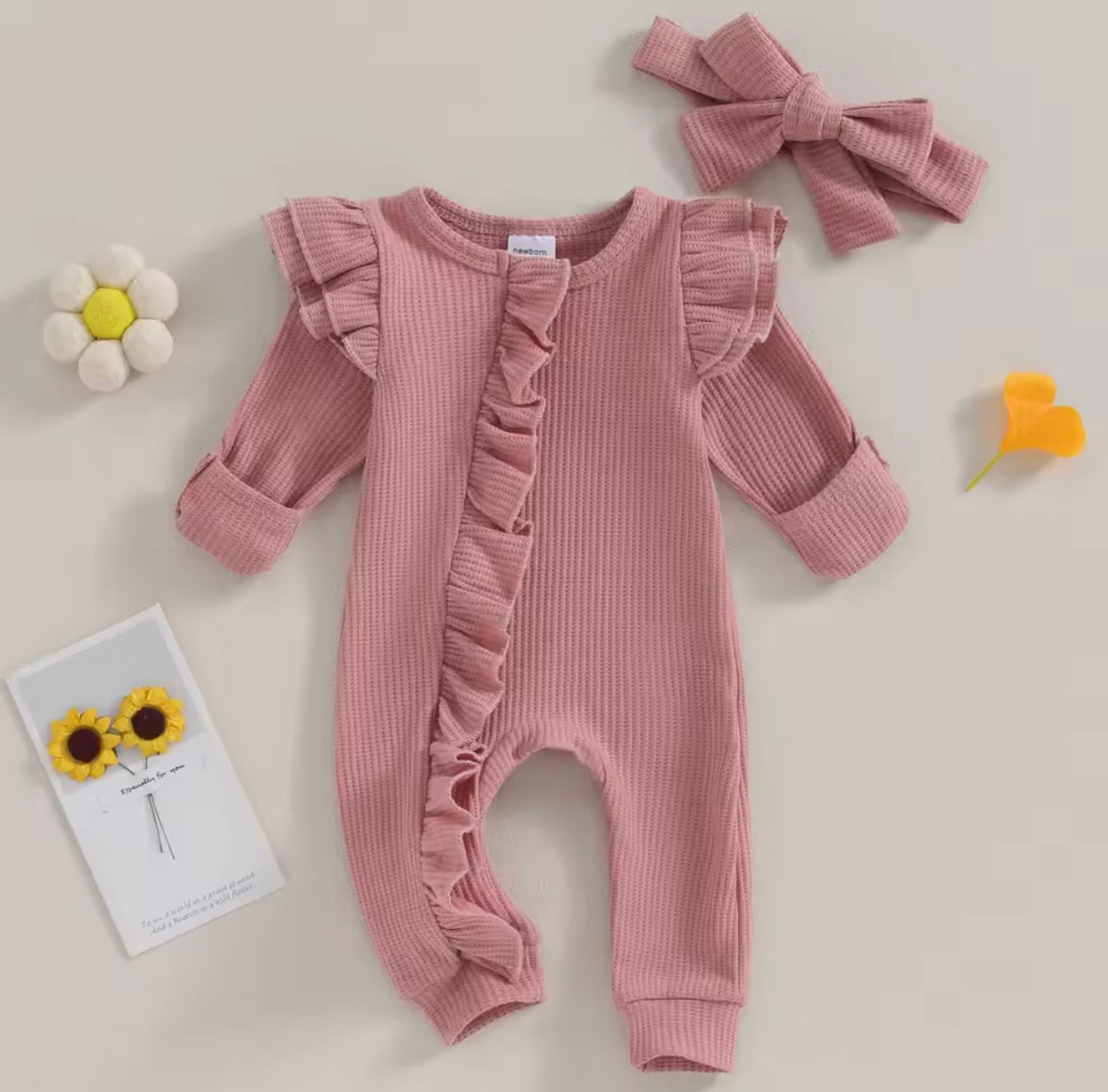 Baby Toddler Girls Ribbed Ruffle Romper & Headband Set. 3 Colours Newborn-12M