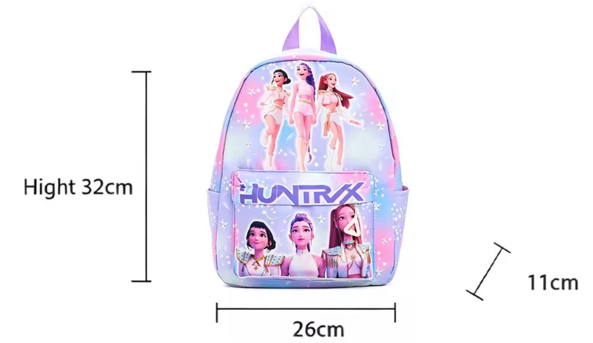 Backpack with character print and dimensions on a white background