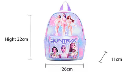 Backpack with character print and dimensions on a white background