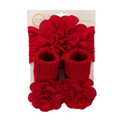Baby Girls Flower Headband & Non Slip Socks Set. 3 Colours 0-12M