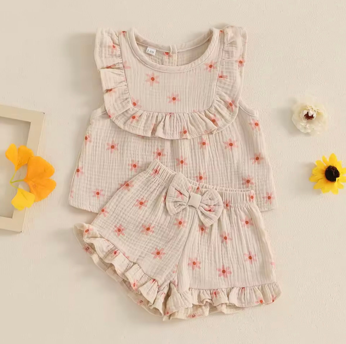 Baby Toddler Floral Muslin Sleeveless Top & Matching Shorts Set. 3 Colours 6M-4Y