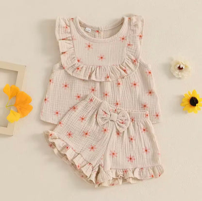 Baby Toddler Floral Muslin Sleeveless Top & Matching Shorts Set. 3 Colours 6M-4Y