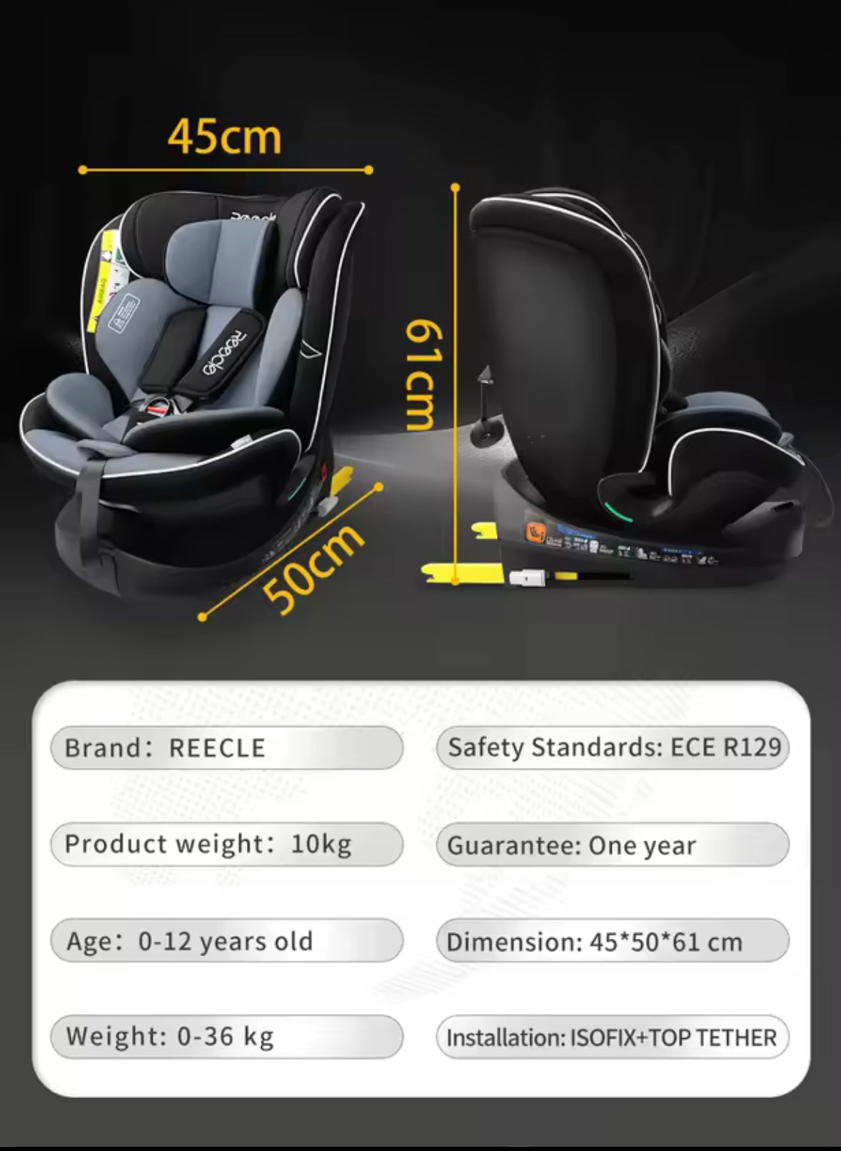 Child car seat with dimensions and product details on a dark background