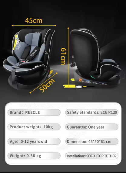 Child car seat with dimensions and product details on a dark background