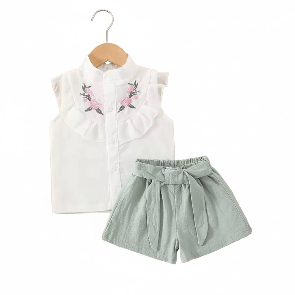 Baby Toddler Girls Sleeveless Cotton Shirt & Linen Shorts Set. 2 Colours 9M-3Y