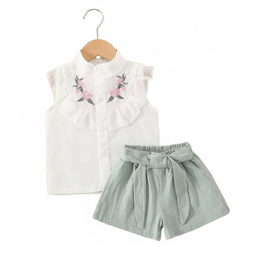 Baby Toddler Girls Sleeveless Cotton Shirt & Linen Shorts Set. 2 Colours 9M-3Y