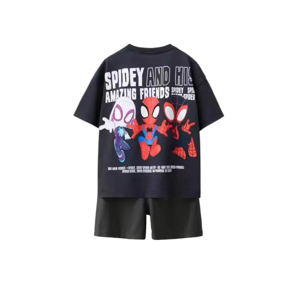Black t-shirt with Spider-Man graphic and text on a white background