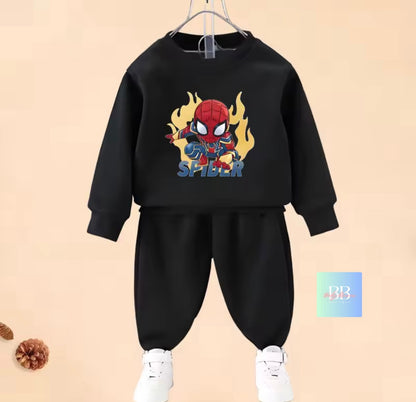 Black children's sweatshirt and pants set with a Spider-Man design on a beige background